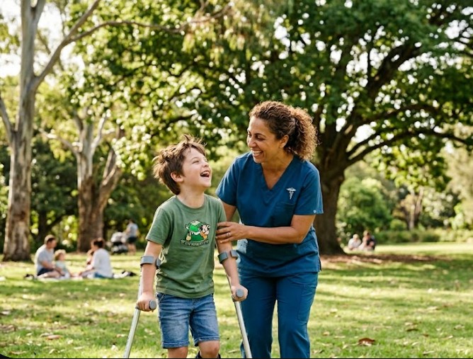A support worker and a happy participant outdoors